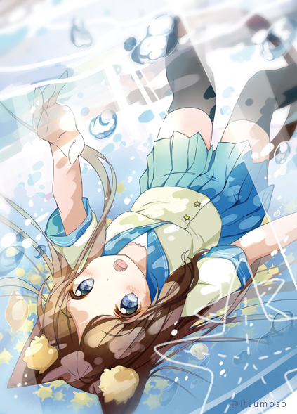 air_bubble animal_ears bad_hands bangs black_legwear blue_eyes blue_sailor_collar blue_skirt blurry blurry_background blush brown_hair bubble cat_ears cat_girl cat_tail commentary_request depth_of_field eyebrows_visible_through_hair fang long_hair looking_at_viewer open_mouth original outstretched_arm parted_bangs pleated_skirt rougetsu sailor_collar shirt short_sleeves skirt solo tail thighhighs underwater very_long_hair white_shirt