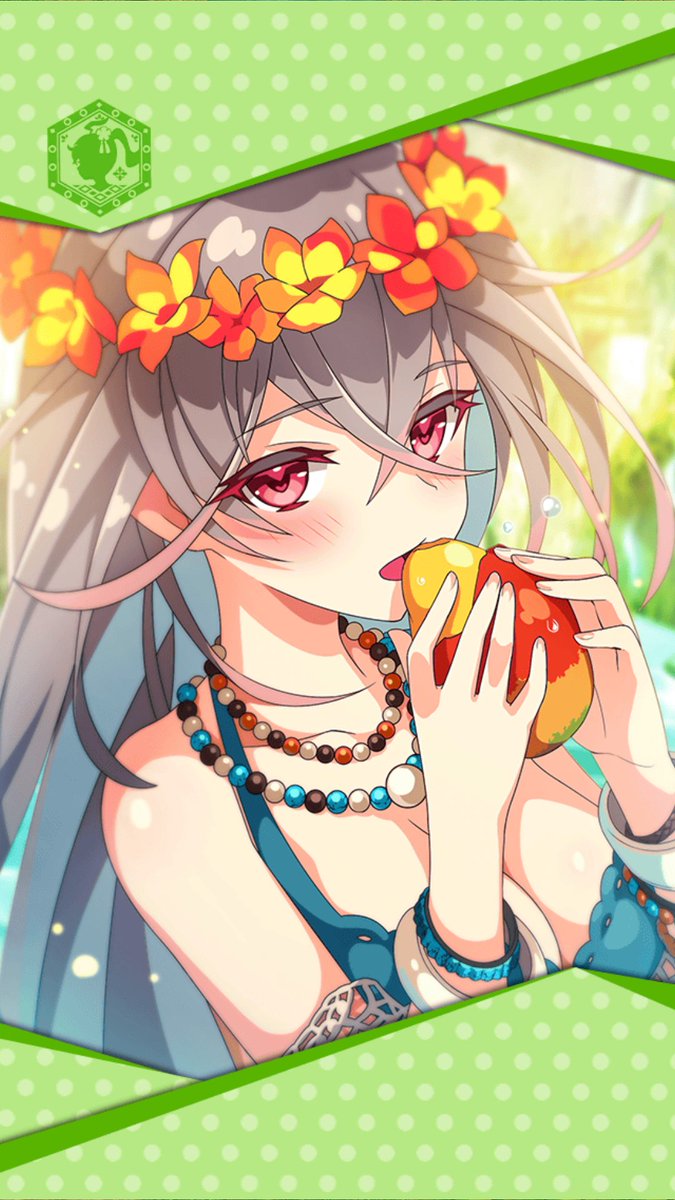 ahoge aqua_swimsuit artist_request bangle bead_necklace beads blush bracelet breasts cleavage eating flower_wreath food framed_image fruit head_wreath highres jewelry laevateinn_(phantom_of_the_kill) large_breasts long_hair looking_at_viewer necklace official_art phantom_of_the_kill red_eyes silver_hair swimsuit