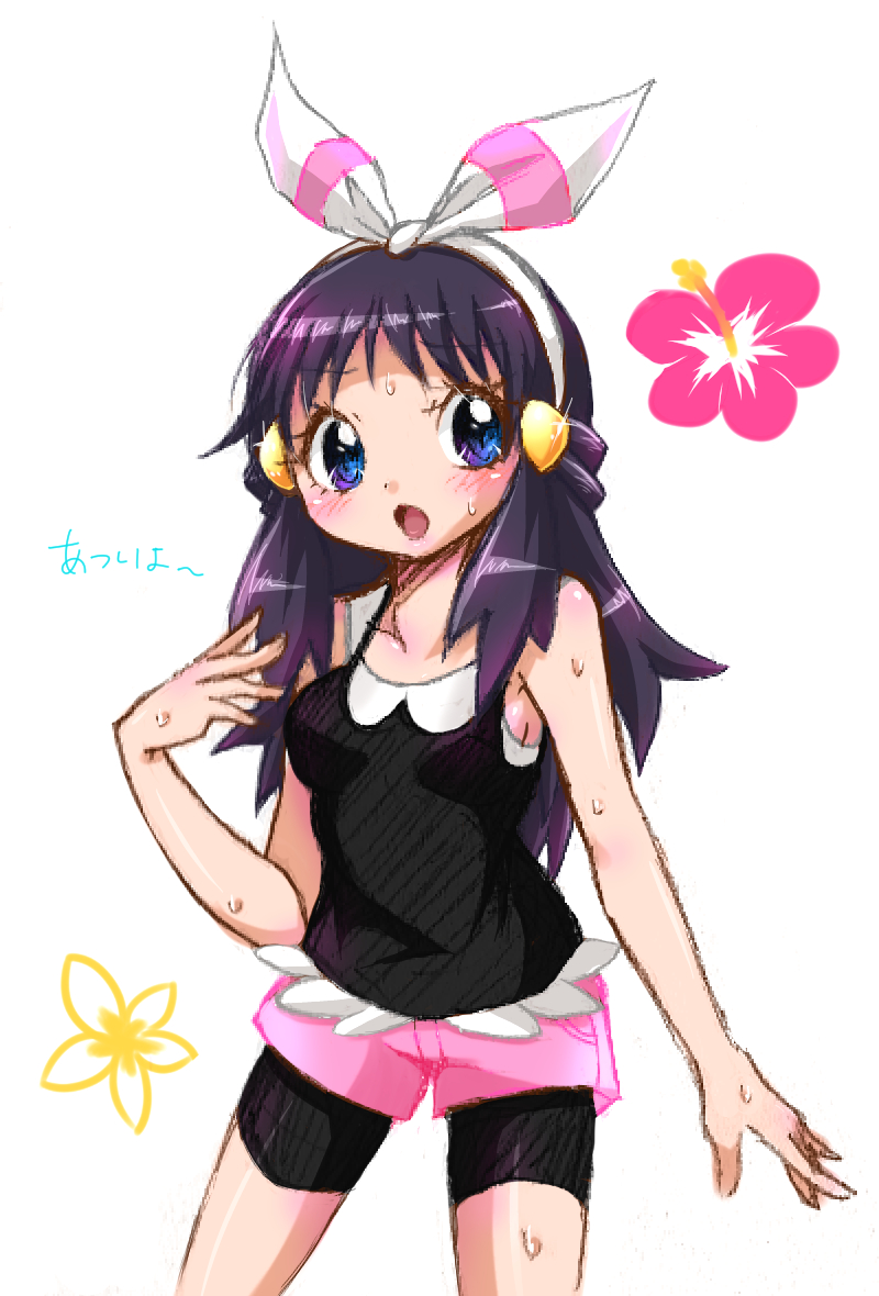 1girl adapted_costume alternate_costume bare_shoulders bike_shorts black_hair black_shirt blue_eyes blush breasts collarbone cosplay eyebrows_visible_through_hair female flower hair_ornament hairband hairclip hand_up haruka_(pokemon) haruka_(pokemon)_(cosplay) haruka_(pokemon_oras) hikari_(pokemon) japanese_text long_hair looking_to_the_side open_mouth pink_flower pink_shorts pokemon pokemon_(game) pokemon_dppt sawarabi_(sawarabi725) shiny shiny_hair shiny_skin shirt short_shorts shorts simple_background sleeveless sleeveless_shirt small_breasts solo standing sweat translation_request white_background white_hairband yellow_flower