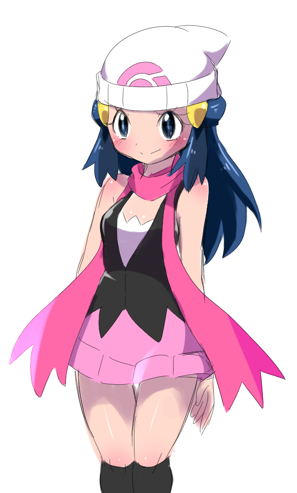 1girl bare_shoulders beanie black_legwear black_shirt blue_eyes blue_hair blush breasts female hair_ornament hairclip happy hat hikari_(pokemon) kneehighs long_hair matching_hair/eyes miniskirt pink_scarf pink_skirt poke_ball_theme pokemon pokemon_(game) pokemon_dppt sawarabi_(sawarabi725) scarf shiny shiny_hair shiny_skin shirt simple_background skirt sleeveless sleeveless_shirt small_breasts smile solo standing white_background white_hat