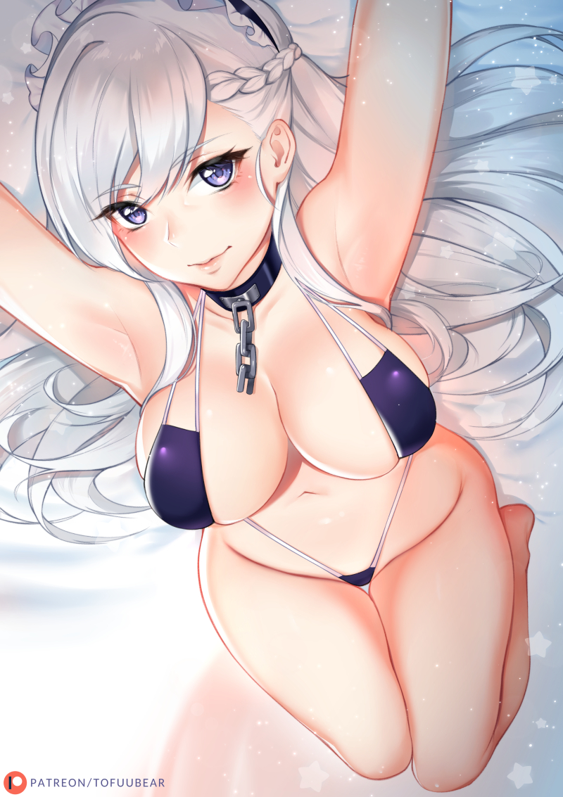 armpits arms_up azur_lane bangs belfast_(azur_lane) black_swimsuit blush braid breasts chain cleavage closed_mouth collar collarbone commentary english_commentary eyebrows_visible_through_hair french_braid large_breasts legs_together lips long_hair looking_at_viewer lying maid_headdress navel on_back patreon_username purple_eyes shiny shiny_hair shiny_skin silver_hair slingshot_swimsuit solo swimsuit thigh_gap thighs tofuubear