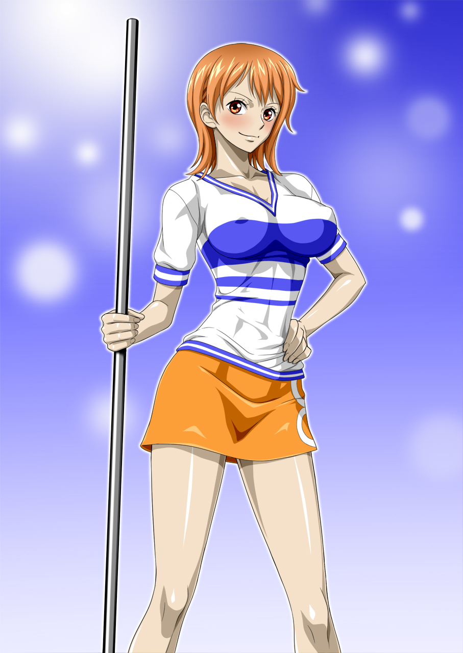 1girl blush breasts closed_mouth erect_nipples gradient gradient_background hand_on_hip highres large_breasts legs looking_at_viewer matching_hair/eyes nami_(one_piece) nel-zel_formula one_piece orange_eyes orange_hair orange_skirt shirt short_hair simple_background skirt smile solo standing thighs