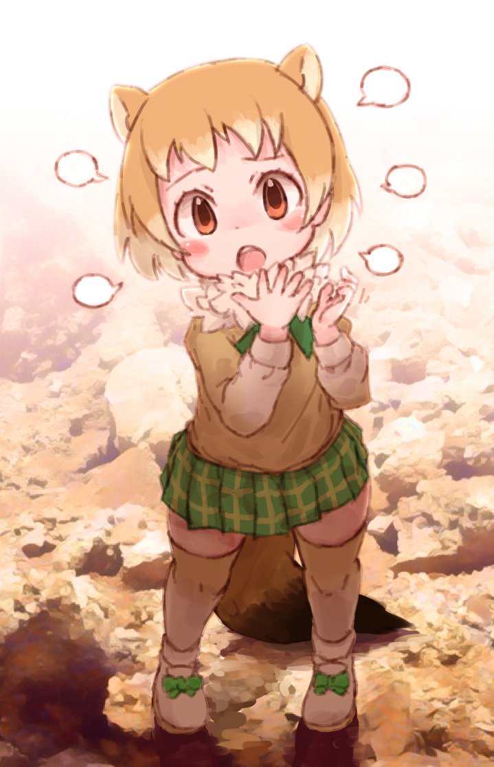 animal_ears black-tailed_prairie_dog_(kemono_friends) blank_speech_bubble blush bow commentary_request eyebrows_visible_through_hair from_above fur_collar kemono_friends kolshica light_brown_hair long_sleeves multicolored_hair plaid plaid_skirt pleated_skirt prairie_dog_ears prairie_dog_tail shoe_bow shoes short_hair skirt sneakers solo speech_bubble sweater tail thighhighs white_hair zettai_ryouiki