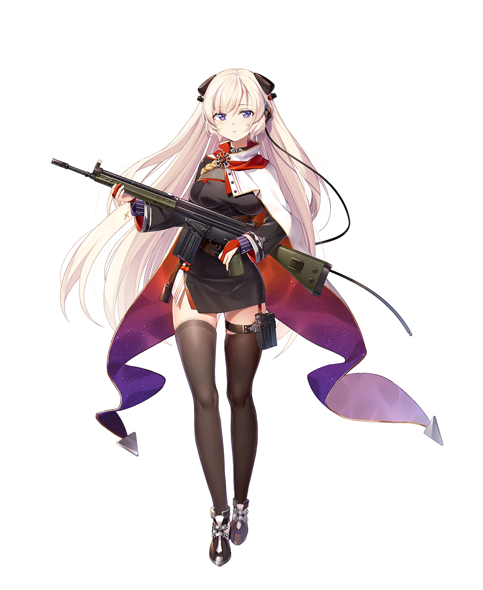 :o bangs battle_rifle black_dress blonde_hair blush breasts brown_footwear brown_legwear cape commentary_request dress eyebrows_visible_through_hair full_body g3_(girls_frontline) girls_frontline gloves gun h&amp;k_g3 hair_between_eyes head_tilt headset highres holding holding_gun holding_weapon iron_cross long_hair long_sleeves looking_at_viewer medium_breasts mod3_(girls_frontline) official_art parted_lips partly_fingerless_gloves philomelalilium purple_eyes red_gloves rifle shoes simple_background skindentation solo standing striped thighhighs vertical_stripes very_long_hair weapon white_background white_cape