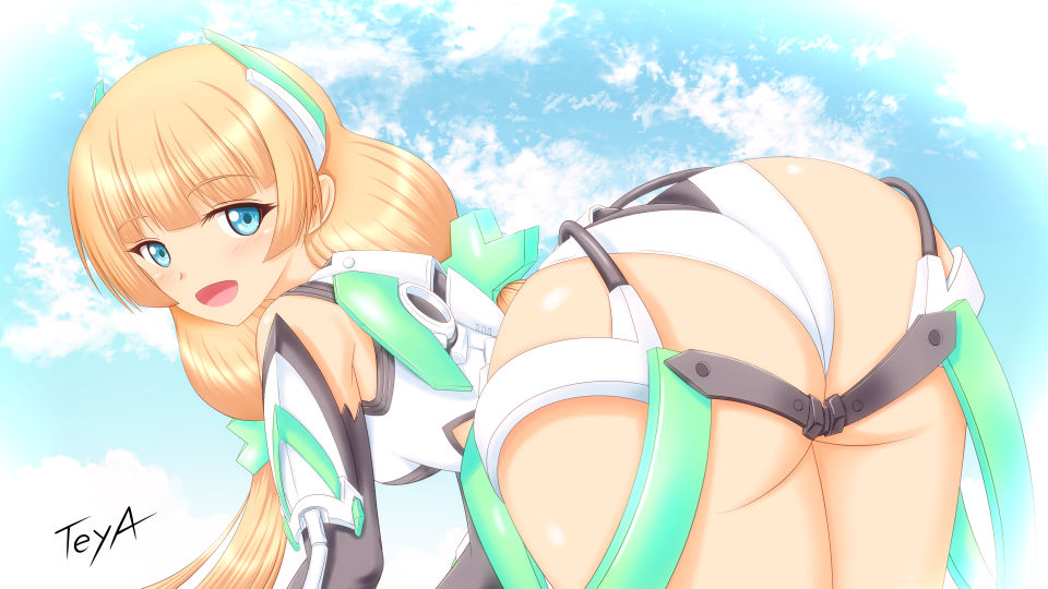 1girl angela_balzac ass bare_shoulders bent_over blonde_hair blue_eyes blush breasts elbow_gloves from_behind gloves hair_ornament headgear huge_ass leotard long_hair looking_at_viewer looking_back low_twintails open_mouth rakuen_tsuihou shiny shiny_hair shiny_skin sideboob smile solo teya thigh_strap twintails very_long_hair