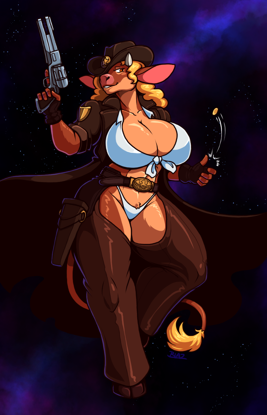 2018 5_fingers anthro belt belt_buckle big_breasts blazbaros blonde_hair bovine bra breasts chaps cleavage clothed clothing coat coin cowboy cowboy_hat detailed_background duster_coat female fingerless_gloves gloves gun hair half-closed_eyes handgun hat holding_object holding_weapon holster horn jacket long_hair mammal motion_lines ranged_weapon revolver smile solo standing thick_thighs thong underwear weapon