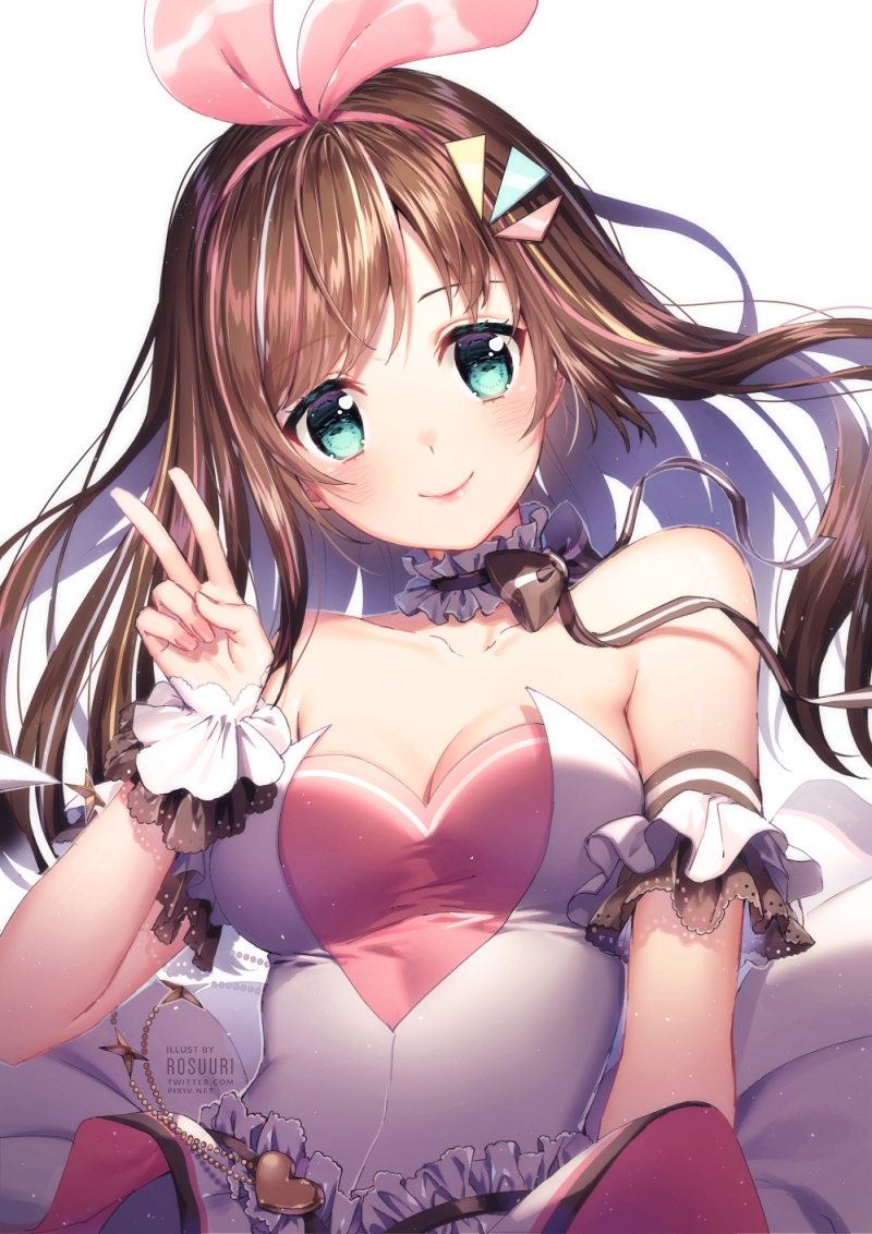 a.i._channel artist_name bare_shoulders black_choker blush bow breasts brown_bow brown_hair choker cleavage closed_mouth collarbone commentary dress fingernails frilled_choker frills green_eyes hair_ornament hair_ribbon hairclip hand_up head_tilt heart kizuna_ai long_hair looking_at_viewer medium_breasts pink_ribbon ribbon rosuuri simple_background smile solo strapless strapless_dress striped striped_bow v very_long_hair virtual_youtuber watermark web_address white_background white_dress wrist_cuffs