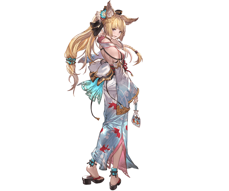animal animal_ears animal_print ass bare_shoulders barefoot blonde_hair braid erune fish fish_print from_behind full_body granblue_fantasy hair_ornament holding japanese_clothes kimono long_hair looking_at_viewer looking_back minaba_hideo official_art open_mouth purple_eyes sandals sash smile solo standing transparent_background wide_sleeves yuisis_(granblue_fantasy)