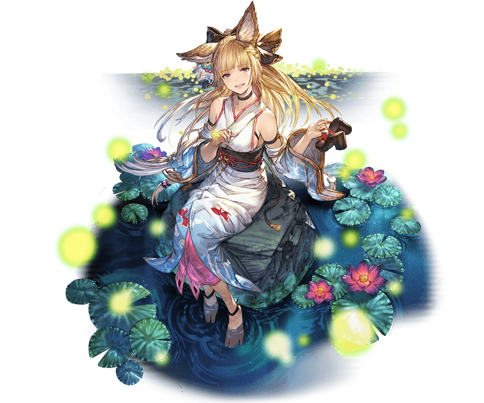 animal_ears animal_print bangs bare_shoulders barefoot blonde_hair braid breasts bug collar collarbone erune eyebrows_visible_through_hair firefly fish fish_print full_body granblue_fantasy hair_ornament holding insect japanese_clothes kimono lily_pad long_hair looking_at_viewer medium_breasts minaba_hideo obi official_art open_mouth purple_eyes rock sandals sash sitting smile solo transparent_background water wide_sleeves yuisis_(granblue_fantasy)