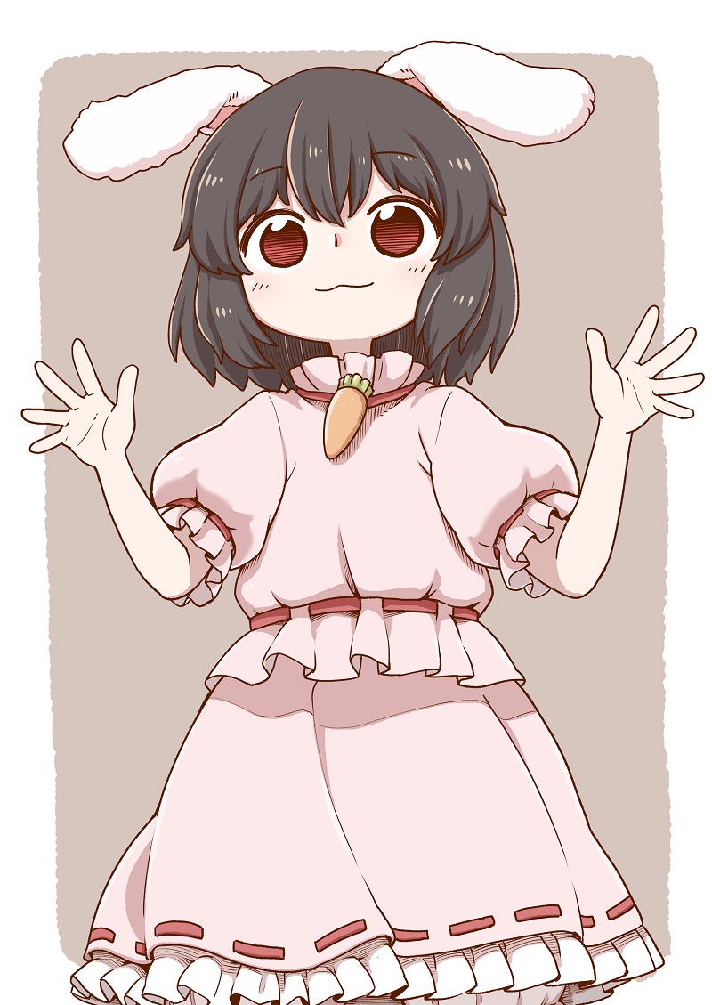 animal_ears black_hair brown_background bunny_ears carrot_necklace closed_mouth dress eyebrows_visible_through_hair frills inaba_tewi looking_at_viewer open_hands pink_dress poronegi red_eyes short_hair smile solo touhou