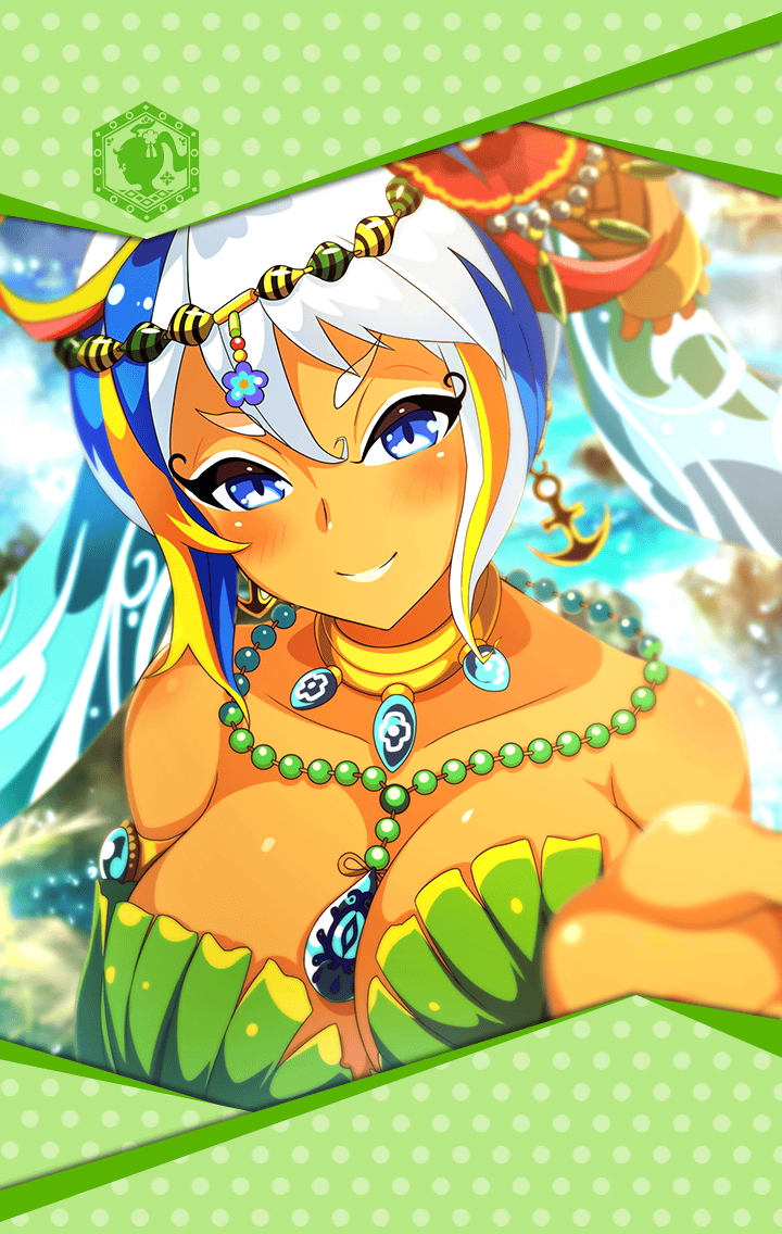 artist_request bead_necklace beads between_breasts blue_eyes body_jewelry brahmastra_(phantom_of_the_kill) breasts cleavage dark_skin framed_image hair_between_eyes hair_ornament huge_breasts jewelry multicolored_hair necklace official_art outstretched_hand phantom_of_the_kill