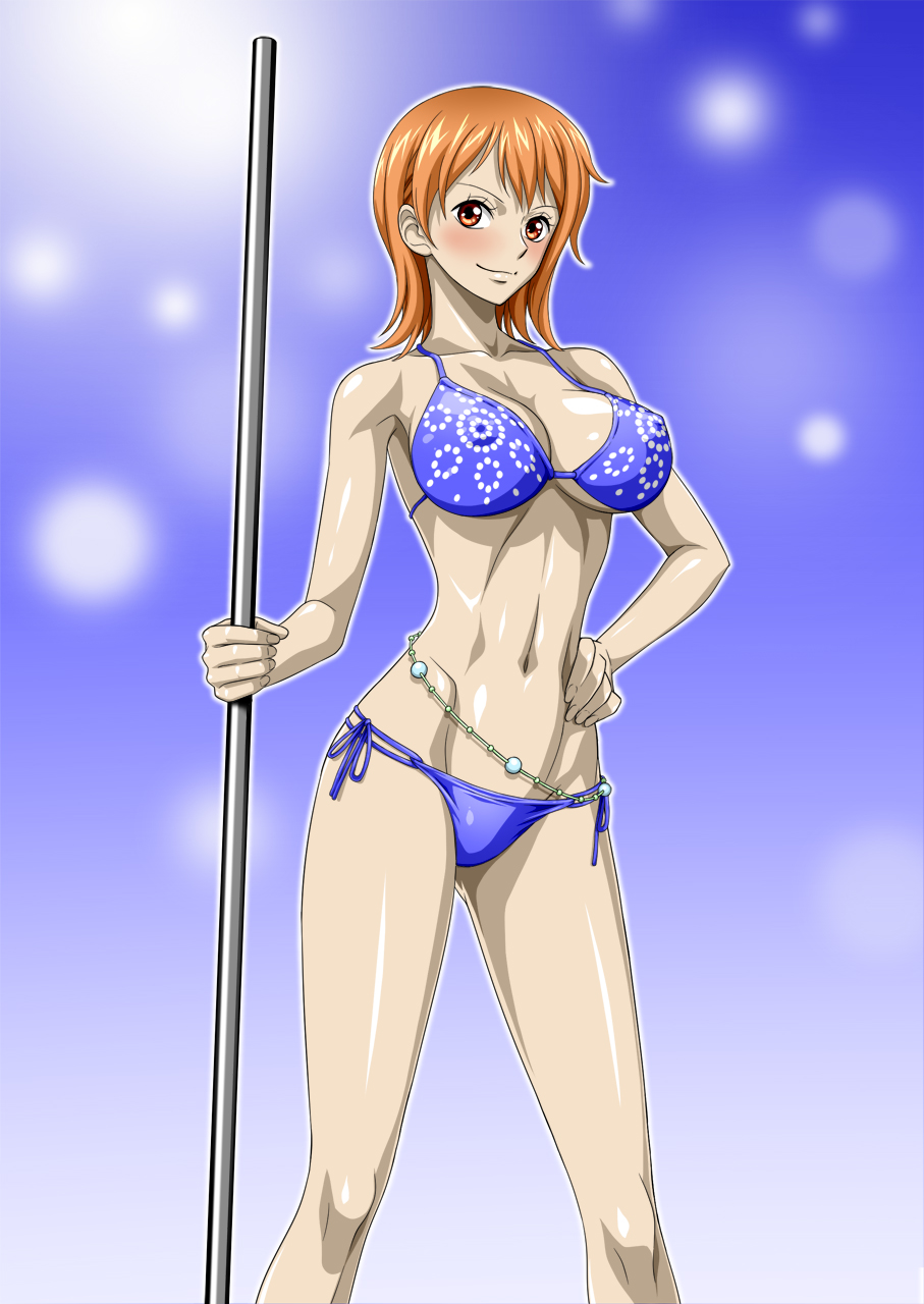1girl bare_arms bare_legs bare_shoulders bikini blue_bikini blush breasts cleavage closed_mouth gradient gradient_background groin hand_on_hip highres large_breasts legs looking_at_viewer matching_hair/eyes nami_(one_piece) navel nel-zel_formula one_piece orange_eyes orange_hair short_hair simple_background smile solo standing swimsuit thighs