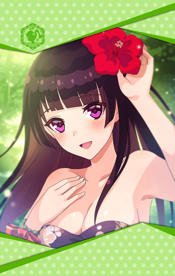 artist_request bandeau bangs bead_bracelet beads black_hair blush bracelet breasts cleavage eyebrows_visible_through_hair flower framed_image hair_flower hair_ornament hand_on_headwear hand_on_own_chest jewelry long_hair masamune_(phantom_of_the_kill) medium_breasts official_art open_mouth orchid phantom_of_the_kill purple_eyes smile swimsuit