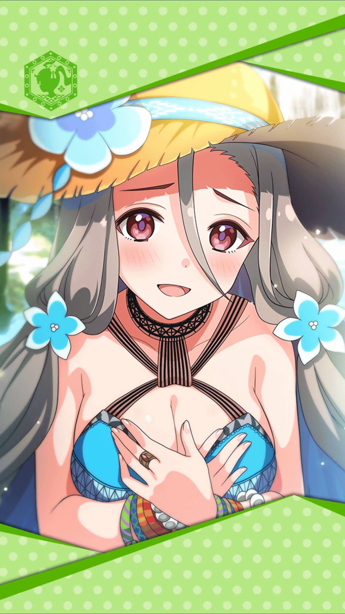 aqua_swimsuit artist_request bead_bracelet beads blush bracelet breasts cleavage flower framed_image hair_between_eyes hair_flower hair_ornament hands_on_own_chest hat highres jewelry large_breasts long_hair official_art open_mouth phantom_of_the_kill red_eyes rhongomyniad_(phantom_of_the_kill) ring silver_hair smile sun_hat swimsuit