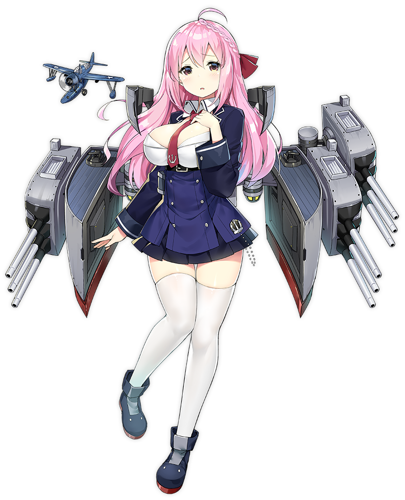 ahoge aircraft airplane anchor_symbol azur_lane braid breasts brown_eyes cannon cleavage french_braid full_body large_breasts long_hair long_sleeves looking_at_viewer machinery official_art pink_hair quincy_(azur_lane) red_neckwear seaplane sky_(freedom) solo thighhighs transparent_background turret vought_os2u_kingfisher white_legwear