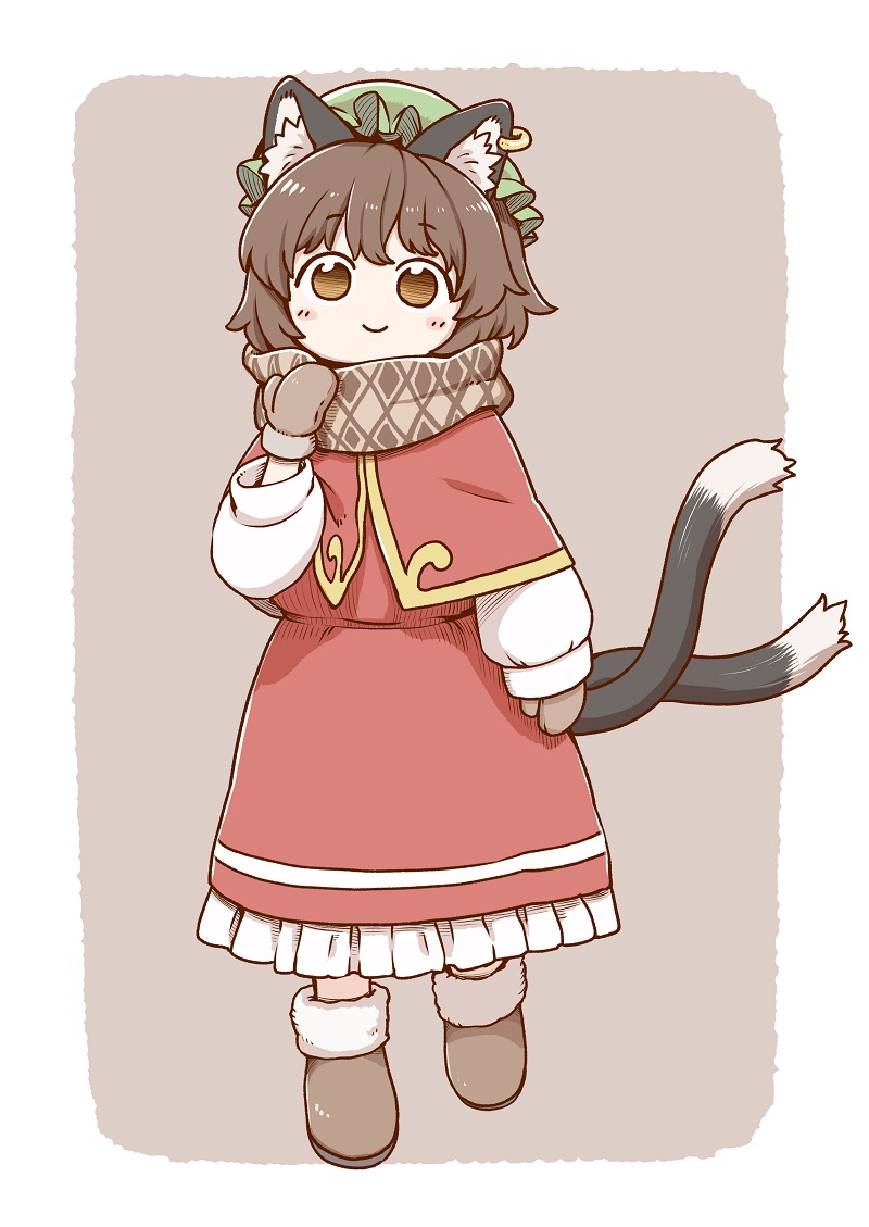 animal_ear_fluff animal_ears blush boots brown_eyes brown_hair capelet cat_ears cat_tail chen eyebrows_visible_through_hair frilled_skirt frills full_body green_hat hat jewelry long_sleeves looking_at_viewer mittens mob_cap multiple_tails nekomata petticoat plaid plaid_scarf poronegi red_capelet red_vest scarf shirt short_hair single_earring skirt skirt_set smile solo standing tail touhou two_tails vest white_shirt