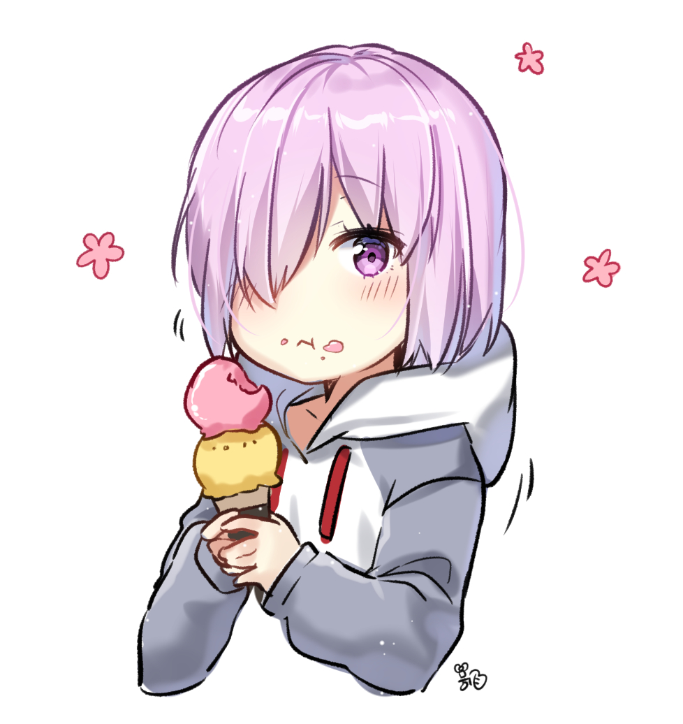 :t bad_id bad_pixiv_id bangs blush closed_mouth double_scoop drawstring eating eyebrows_visible_through_hair fate/grand_order fate_(series) food food_on_face grey_hoodie hair_over_one_eye holding holding_food hood hood_down hoodie ice_cream ice_cream_cone ice_cream_on_face looking_at_viewer mash_kyrielight moong_gya pink_hair purple_eyes signature simple_background solo white_background