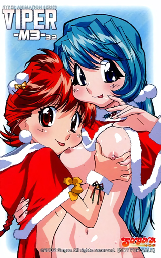 2girls arm_around_back bell blue_background blue_eyes blue_hair blush bottomless bow braid breast_grab breasts breasts_outside capelet card_(medium) christmas closed_mouth company_name copyright_name dated earrings ebata_risa eyebrows_visible_through_hair flipped_hair fur_trim grabbing gradient groin hair_ornament hair_tie hand_on_another's_back hand_up hips holly hood hood_down hoof hug jewelry kaoru_(viper) light_smile long_hair looking_at_viewer looking_back looking_to_the_side medium_breasts multiple_girls naked_capelet navel nipples non-web_source not_for_sale official_art open_clothes pom_pom_(clothes) red_capelet red_eyes red_hair ribbon rika_(viper) santa_costume shiny shiny_hair shiny_skin short_hair simple_background smile straight_hair sweat tongue tongue_out unaligned_breasts upper_body viper viper_m3 wrist_cuffs yellow_bow yuri