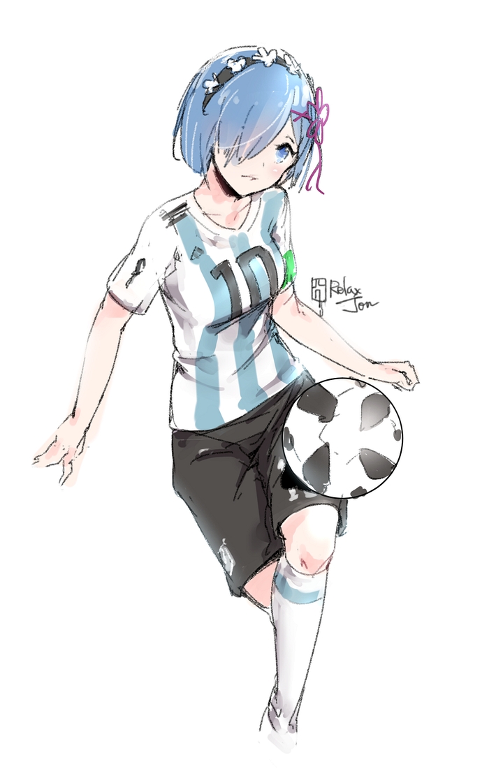 2018_fifa_world_cup adidas argentina ball bangs black_shorts blue_eyes blue_hair blush bracelet flower hair_ornament hair_over_one_eye hairband jewelry looking_at_viewer number numbers'_uniform open_mouth re:zero_kara_hajimeru_isekai_seikatsu relaxjon rem_(re:zero) shirt short_hair shorts soccer soccer_ball soccer_uniform solo sportswear telstar_18 white_background white_legwear world_cup