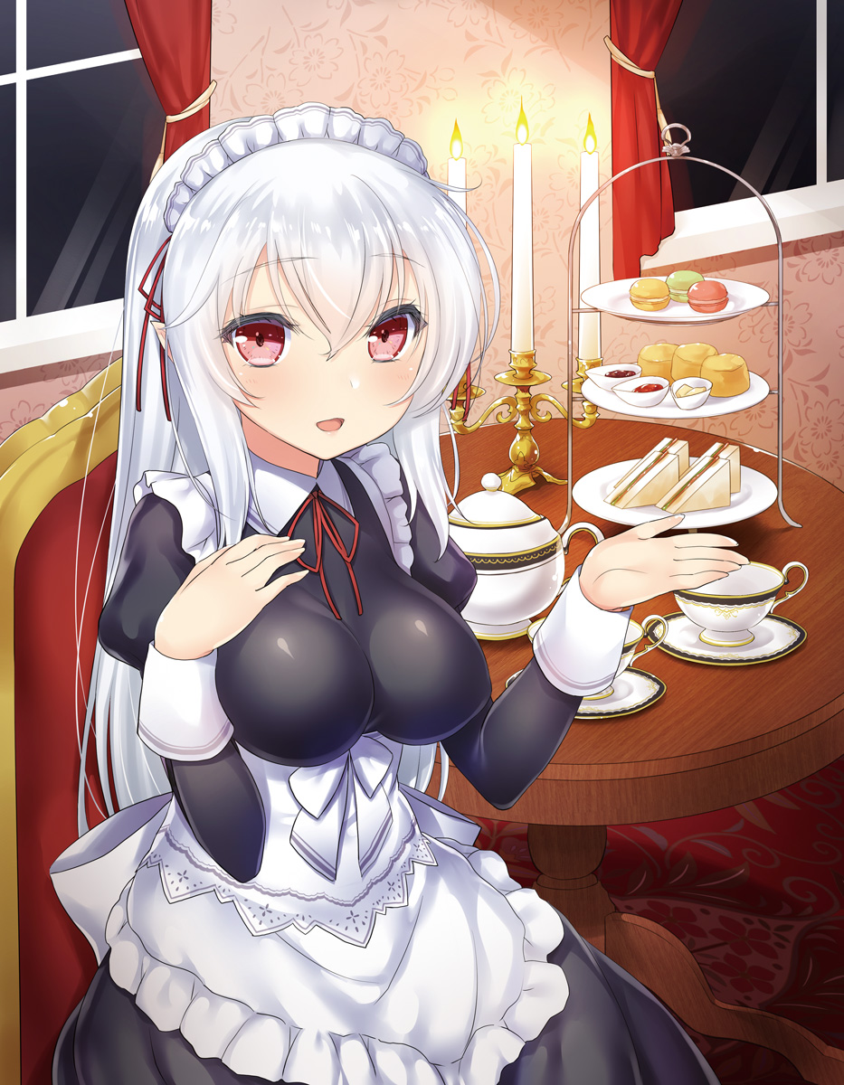 47agdragon :d albino apron bangs black_dress blush bow breasts burning candy commentary_request cup curtains dress eyebrows_visible_through_hair fingernails fire food frilled_apron frills hair_between_eyes hand_on_own_chest hands_up highres indoors juliet_sleeves long_hair long_sleeves looking_at_viewer macaron maid maid_headdress medium_breasts neck_ribbon night open_mouth original puffy_sleeves red_eyes red_ribbon ribbon sandwich saucer silver_hair smile solo table teacup teapot tiered_tray very_long_hair white_apron white_bow window