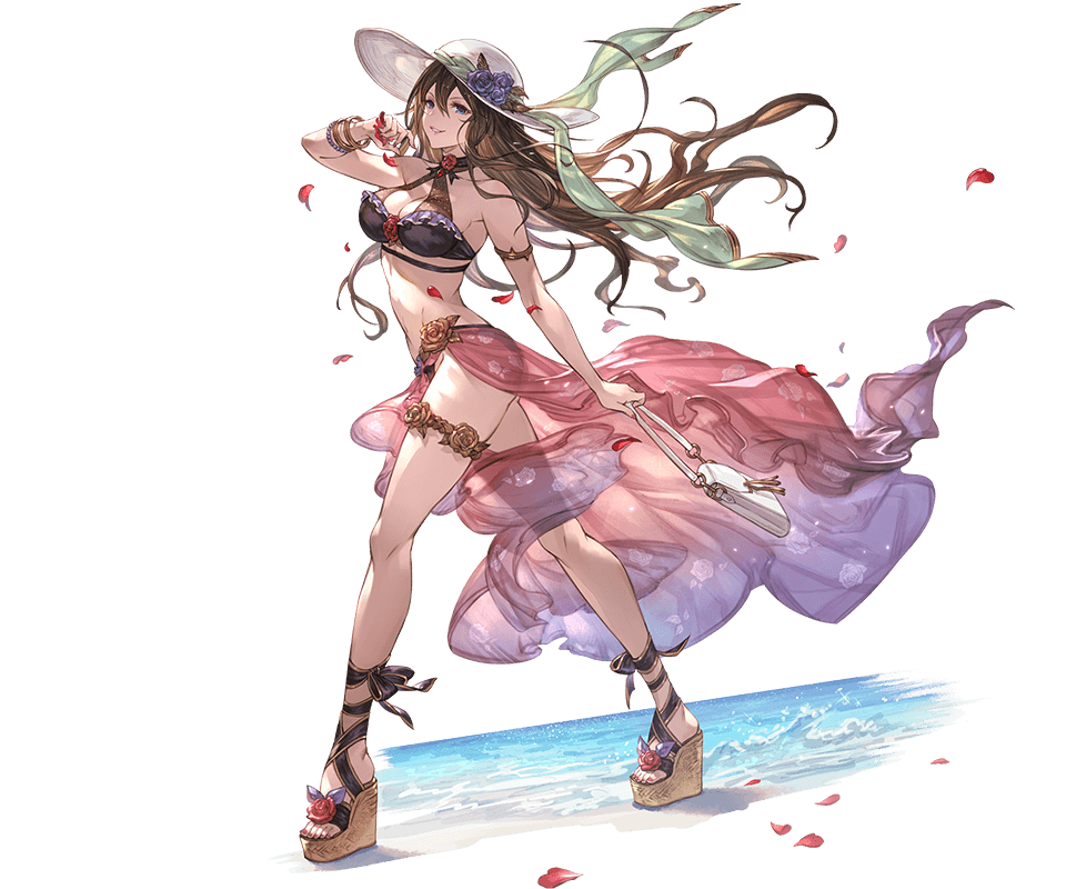 armlet ass bag bangs bare_shoulders bikini bracelet breasts brown_hair cleavage floral_print full_body granblue_fantasy halterneck handbag hat holding jewelry large_breasts lips long_hair looking_at_viewer minaba_hideo official_art parted_lips petals platform_footwear purple_bikini purple_eyes rosetta_(granblue_fantasy) sandals sarong see-through shiny smile solo standing sun_hat swimsuit thigh_strap transparent_background very_long_hair water
