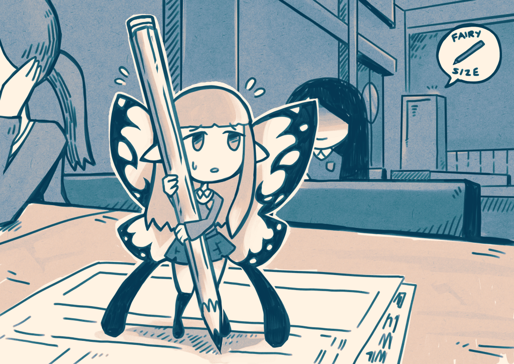 3girls aerie_(bravely_default) bangs bravely_default:_flying_fairy bravely_default_(series) classroom commentary english_commentary english_text fairy fairy_wings flying_sweatdrops limited_palette long_hair multiple_girls oversized_object pencil school_uniform setz shaded_face speech_bubble sweatdrop wings writing