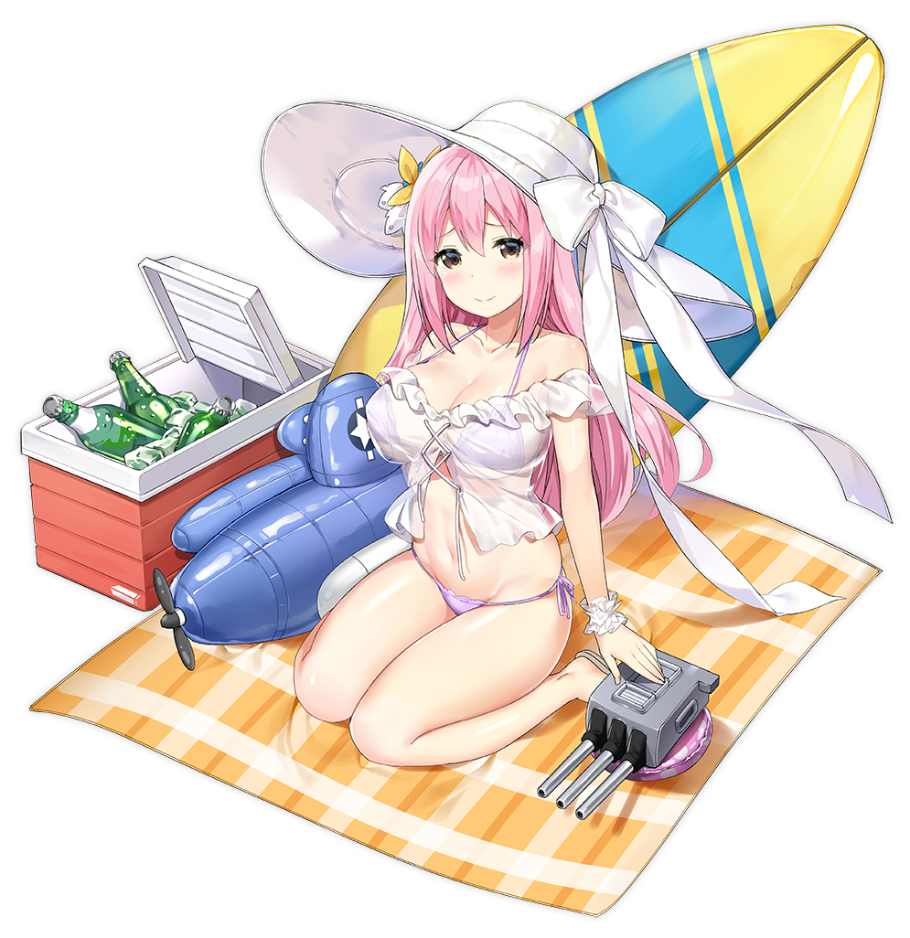 azur_lane bare_legs bikini blush breasts brown_eyes cleavage front-tie_top hat hat_ribbon inflatable_toy large_breasts long_hair official_art pink_hair purple_bikini quincy_(azur_lane) ribbon see-through side-tie_bikini sidelocks sitting sky_(freedom) smile solo sun_hat surfboard swimsuit transparent_background wariza wrist_cuffs