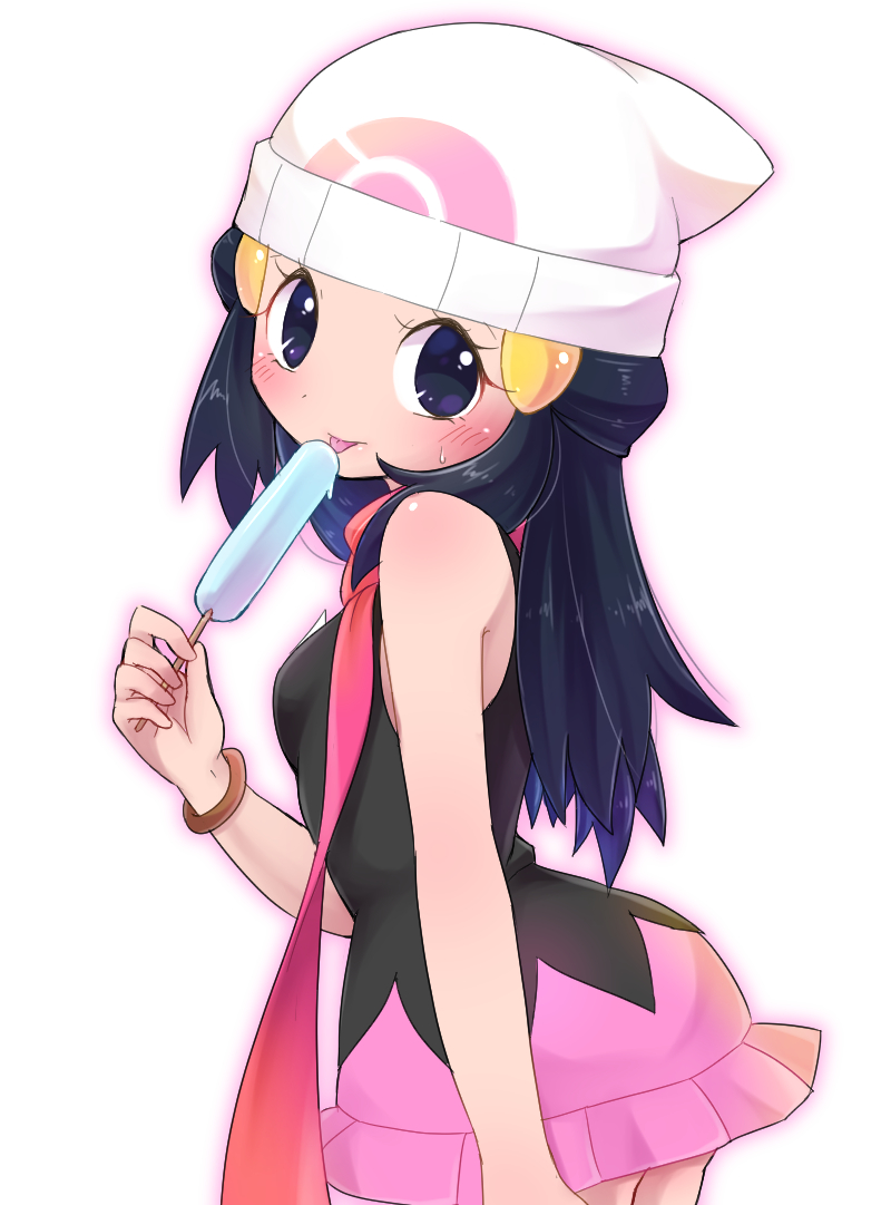 1girl bare_shoulders beanie black_eyes black_hair black_shirt bracelet breasts cowboy_shot eating female food from_side hair_ornament hairclip hand_up happy hat hikari_(pokemon) holding jewelry licking long_hair looking_at_viewer looking_back matching_hair/eyes miniskirt pink_scarf pink_skirt poke_ball_theme pokemon pokemon_(game) pokemon_dppt popsicle sawarabi_(sawarabi725) scarf shiny shiny_hair shiny_skin shirt simple_background skirt sleeveless sleeveless_shirt small_breasts smile solo standing sweat tongue tongue_out white_background white_hat