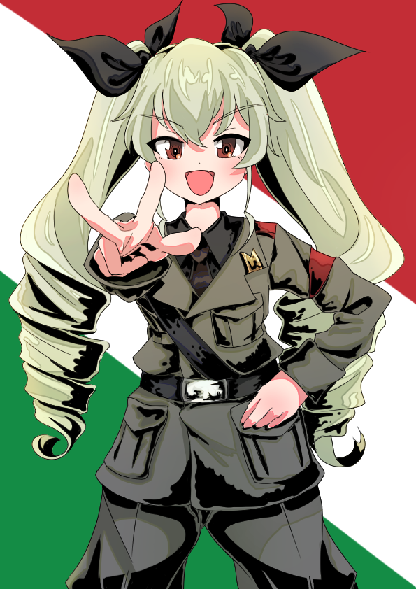 1girl anchovy artist_request female girls_und_panzer happy long_hair looking_at_viewer open_mouth school_uniform shiny skirt smile solo standing twintails v