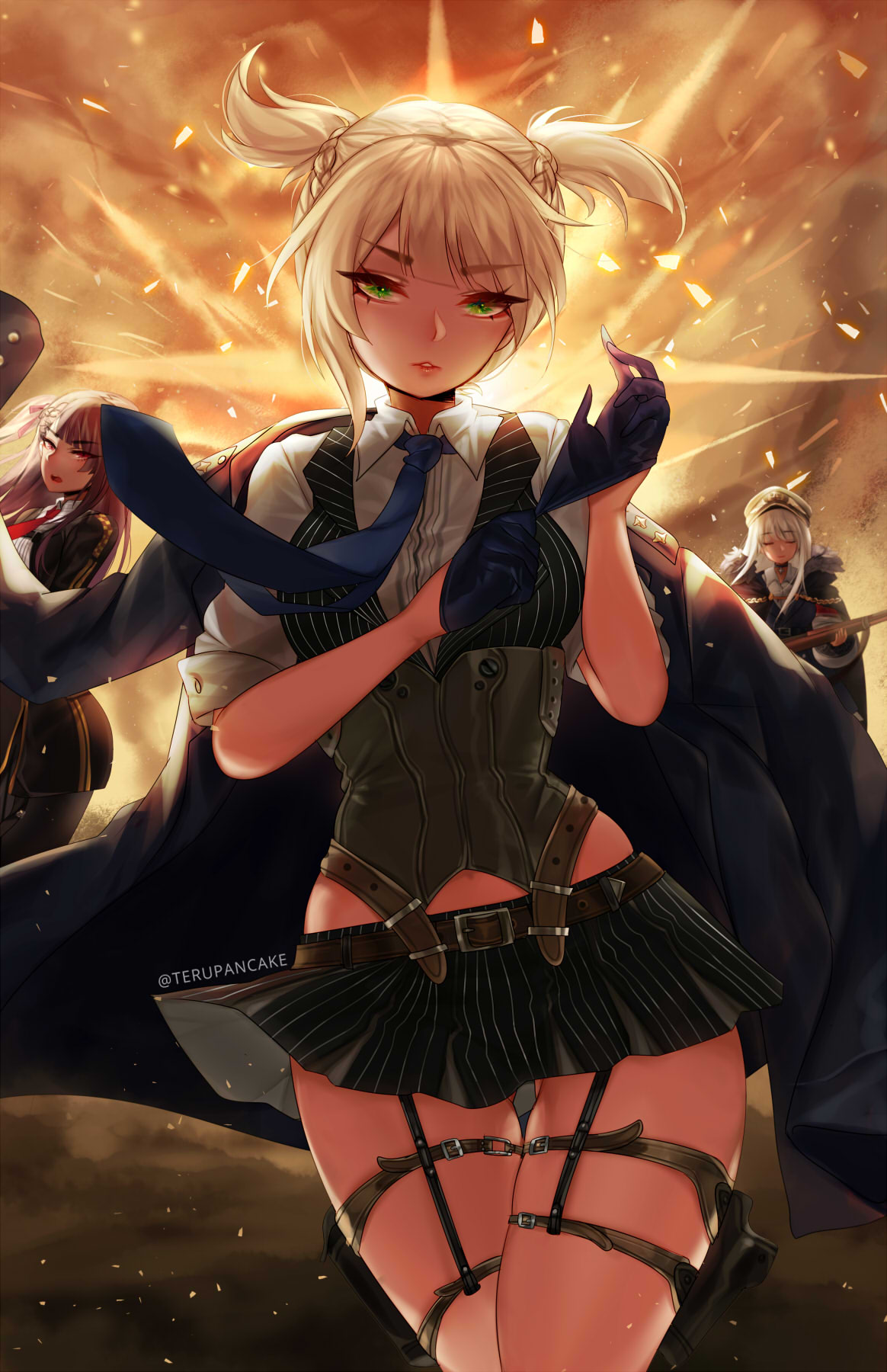 artist_name ass_visible_through_thighs backlighting bangs bare_hips belt blonde_hair blue_gloves blue_neckwear blunt_bangs brown_hair check_character closed_eyes commentary english_commentary eyebrows_visible_through_hair eyes_visible_through_hair girls_frontline glove_pull gloves gun half_gloves highres holster jacket_on_shoulders kar98k_(girls_frontline) multiple_girls necktie open_mouth orange_sky pinstripe_pattern red_eyes rifle short_hair sky striped terupancake thick_eyebrows thigh_gap thigh_holster thigh_strap twintails twitter_username wa2000_(girls_frontline) weapon welrod_mk2_(girls_frontline) white_hair