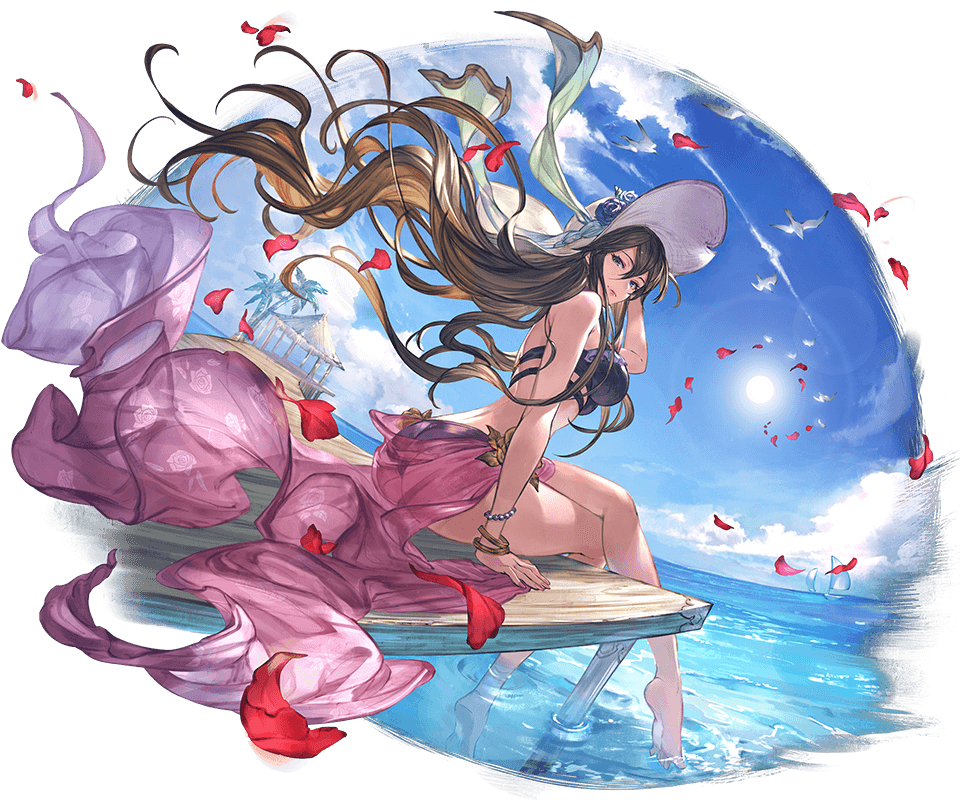 ass bangs bare_legs bare_shoulders barefoot bikini bird bracelet breasts brown_hair closed_mouth cloud cloudy_sky crossed_legs day floral_print granblue_fantasy hat jewelry large_breasts lips long_hair long_legs looking_at_viewer looking_back minaba_hideo ocean official_art outdoors palm_tree petals purple_bikini purple_eyes rosetta_(granblue_fantasy) sarong seagull see-through sitting sky solo sun sun_hat sunlight swimsuit transparent_background tree very_long_hair water