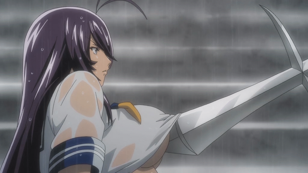 00s 1girl animated animated_gif assisted_exposure blue_eyes bouncing_breasts breasts dark_skin ikkitousen kan'u_unchou large_breasts long_hair nipples polearm purple_hair rain spear undressing upper_body weapon wet