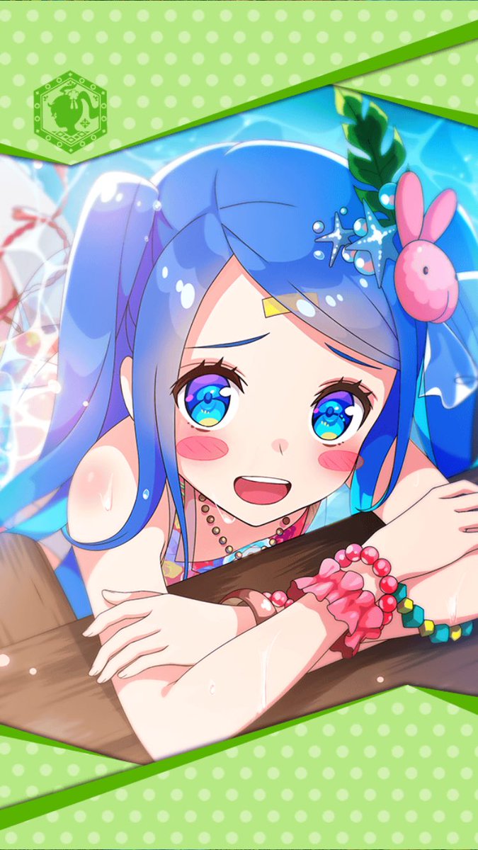 artist_request bandaid bandaid_on_forehead bead_bracelet bead_necklace beads blue_eyes blue_hair blush_stickers bracelet bunny_hair_ornament crossed_arms framed_image hair_ornament highres jewelry necklace official_art phantom_of_the_kill swimsuit trident_(phantom_of_the_kill) twintails water