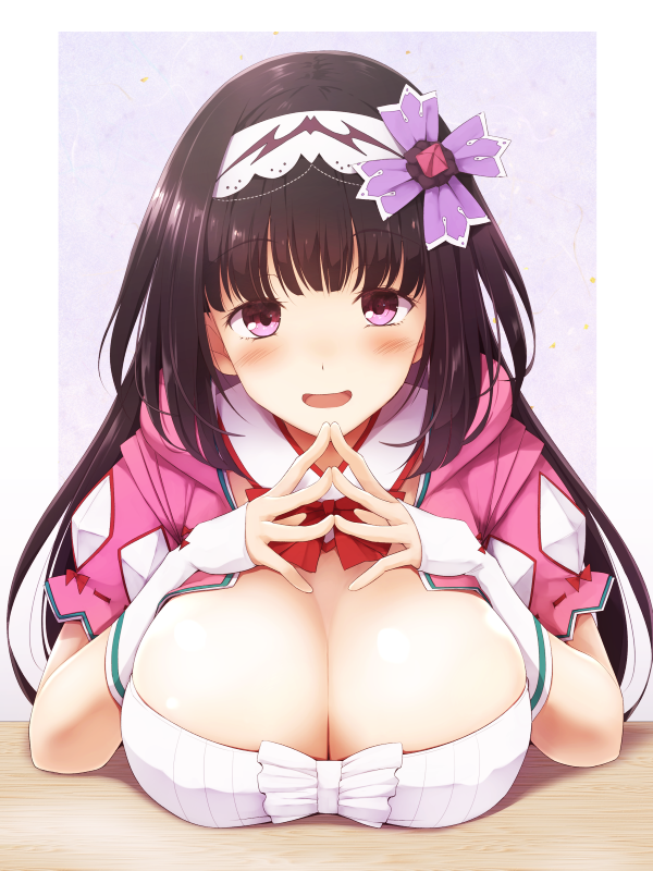 black_hair blush breasts cleavage fate/grand_order fate_(series) hairband hands_together hood hood_down huge_breasts kurikara large_breasts long_hair looking_at_viewer low_twintails open_mouth osakabe-hime_(fate/grand_order) purple_eyes smile solo twintails