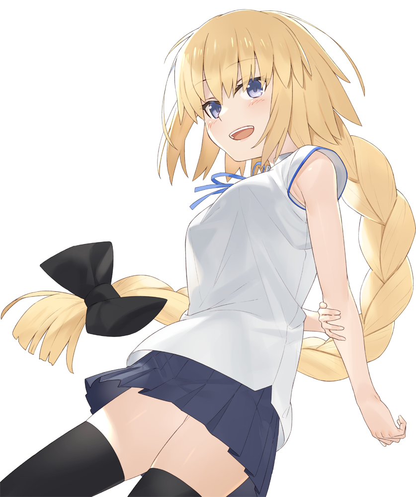 :d bangs black_bow black_legwear blonde_hair blue_ribbon blue_skirt blush bow braid breasts commentary_request eyebrows_visible_through_hair fate/apocrypha fate_(series) hair_between_eyes hair_bow hayashi_kewi jeanne_d'arc_(fate) jeanne_d'arc_(fate)_(all) long_hair looking_at_viewer medium_breasts neck_ribbon open_mouth pleated_skirt purple_eyes ribbon shirt simple_background skirt sleeveless sleeveless_shirt smile solo thighhighs very_long_hair white_background white_shirt