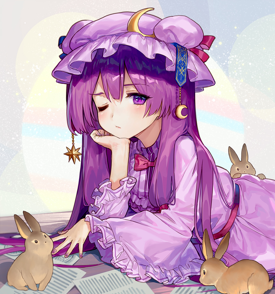 ainy77 animal bunny closed_mouth commentary_request crescent dress eyebrows_visible_through_hair hat long_hair long_sleeves looking_at_viewer lying nail_polish on_stomach one_eye_closed patchouli_knowledge purple_dress purple_eyes purple_hair purple_hat purple_nails star striped touhou vertical_stripes