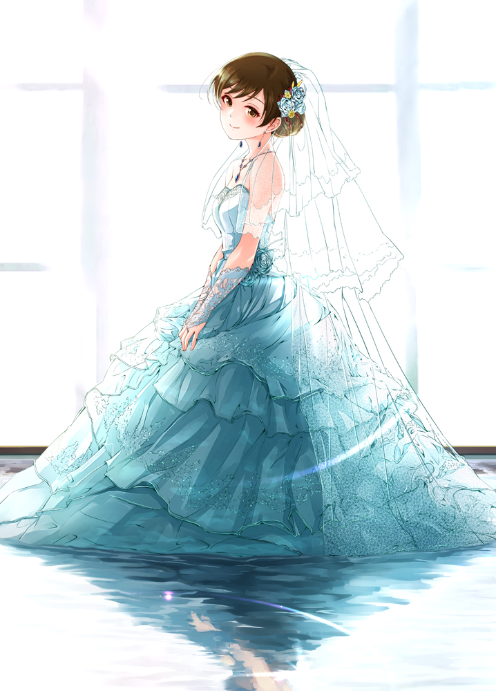 bangs blue_flower blush breasts brown_hair closed_mouth commentary_request dress elbow_gloves flower gloves green_dress gustav_(telomere_na) hair_flower hair_ornament idolmaster idolmaster_cinderella_girls lace lace-trimmed_gloves looking_at_viewer nitta_minami reflection short_hair smile solo