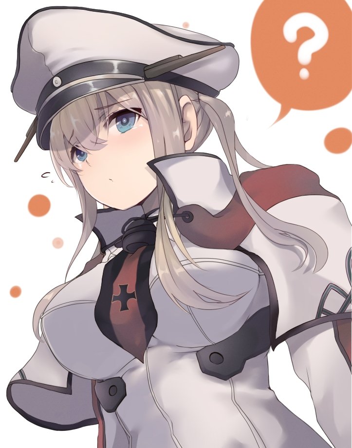 anchor blonde_hair blue_eyes breasts capelet celtic_knot commentary_request cross dyson_(edaokunnsaikouya) graf_zeppelin_(kantai_collection) hair_between_eyes hat iron_cross jacket kantai_collection large_breasts medium_hair military military_hat military_uniform necktie peaked_cap sidelocks tsurime twintails uniform white_hat