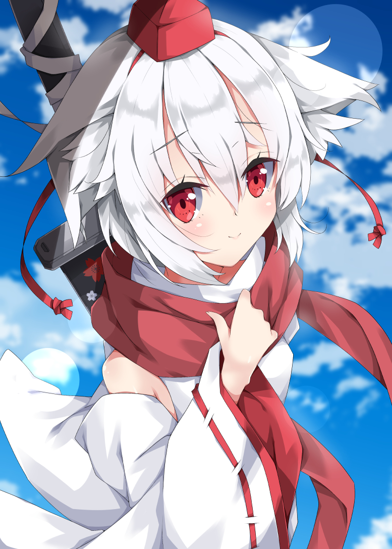 animal_ears bare_shoulders blue_sky blurry blurry_background blush closed_mouth cloud cloudy_sky commentary day depth_of_field detached_sleeves hat inubashiri_momiji long_sleeves looking_at_viewer milkpanda outdoors red_eyes red_hat red_scarf ribbon-trimmed_sleeves ribbon_trim scarf shirt short_hair sidelocks silver_hair sky sleeveless sleeveless_shirt smile solo sword tokin_hat touhou turtleneck weapon weapon_on_back white_shirt wide_sleeves wolf_ears