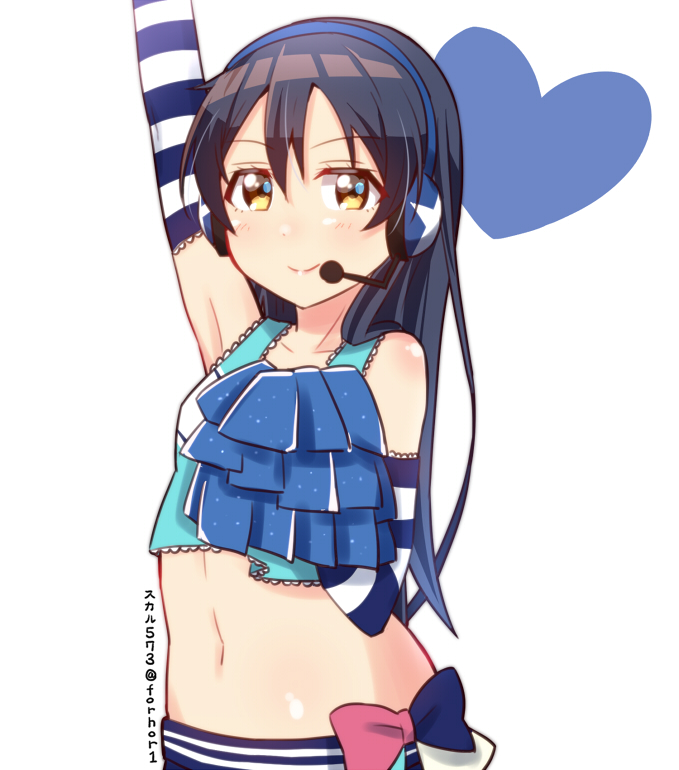 arm_up bangs bare_shoulders blue_hair blush cheerleader commentary_request elbow_gloves gloves hair_between_eyes headset heart long_hair looking_at_viewer love_live! love_live!_school_idol_project midriff pom_poms simple_background skull573 smile solo sonoda_umi striped striped_gloves takaramonozu white_background yellow_eyes