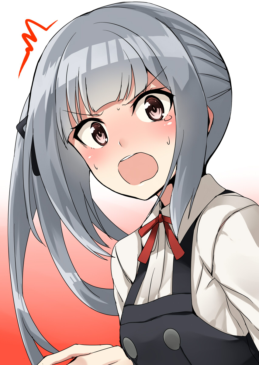 1girl :o artist_name bangs black_dress blush brown_eyes commentary_request dated dress eyebrows_visible_through_hair gradient gradient_background grey_hair highres kamelie kantai_collection kasumi_(kantai_collection) long_hair long_sleeves neck_ribbon open_mouth pinafore_dress red_background red_ribbon remodel_(kantai_collection) ribbon shirt side_ponytail sidelocks solo sweat sweatdrop tearing_up teeth v-shaped_eyebrows white_shirt