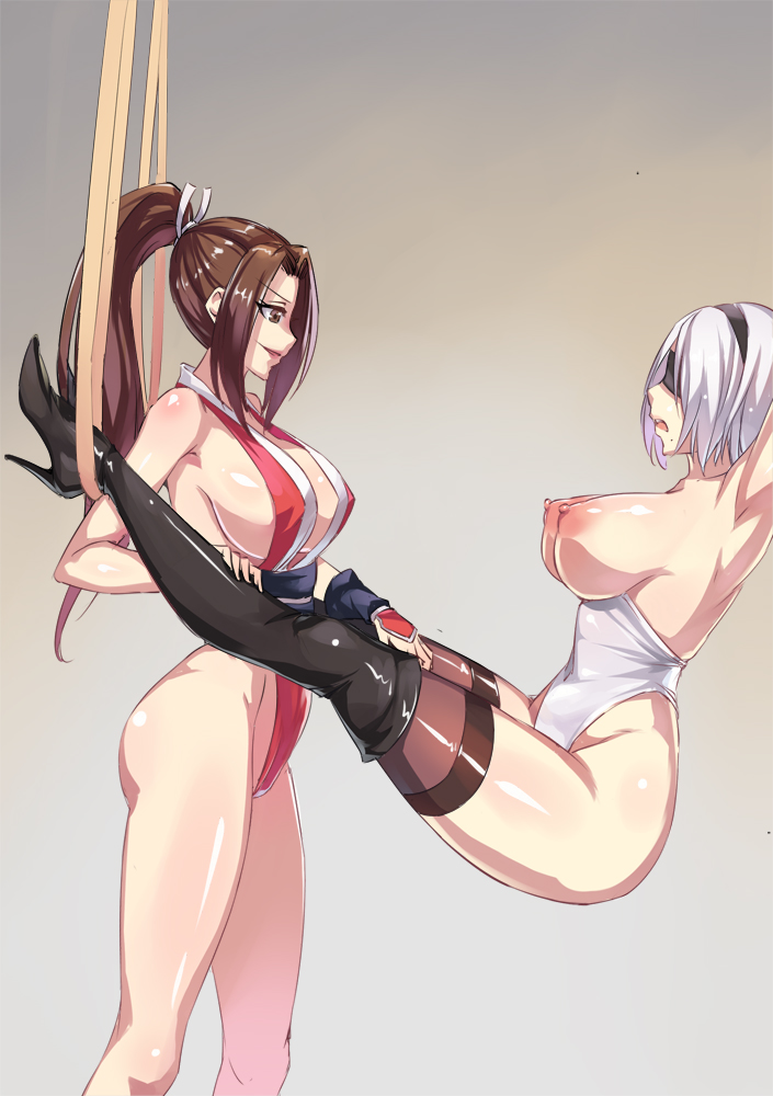 2girls breasts brown_hair cleavage crossover king_of_fighters large_breasts multiple_girls nier_(series) nier_automata nipples shinkaui shiranui_mai white_hair yorha_no._2_type_b