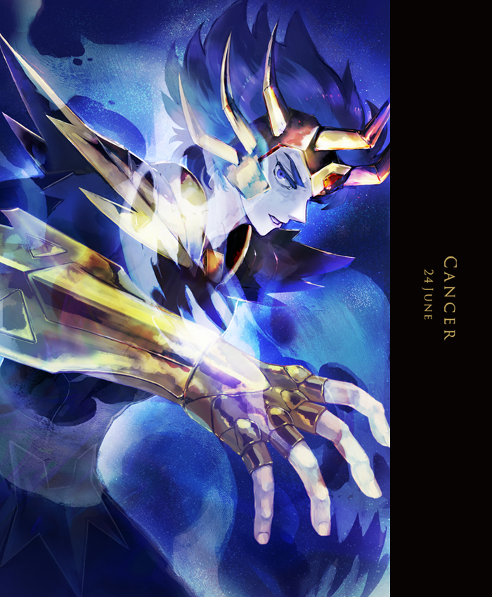 aura bad_id bad_pixiv_id blue_background blue_eyes blue_hair cancer_death_mask character_name dated fighting_stance fingerless_gloves from_side gauntlets ghost gloves gold_saint horns horocca looking_at_viewer looking_to_the_side male_focus parted_lips saint_seiya short_hair shoulder_armor solo spaulders