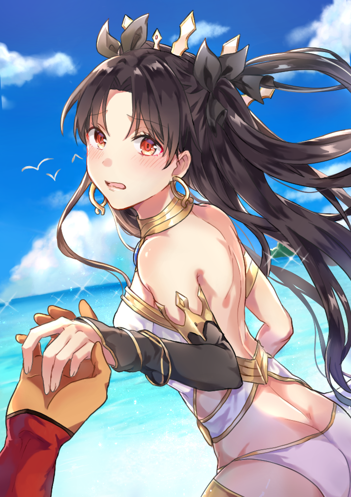 archer armlet bangs bare_shoulders bird black_hair black_ribbon blue_sky blush butt_crack cloud comeow1208 commentary crown dark_skin dark_skinned_male day detached_sleeves earrings eyebrows_visible_through_hair fate/grand_order fate/stay_night fate_(series) fingernails floating_hair gem hair_ribbon holding_hands hoop_earrings horizon ishtar_(fate/grand_order) jewelry long_hair looking_at_viewer looking_to_the_side neck_ring ocean open_mouth out_of_frame outdoors panties parted_bangs pov red_eyes ribbon shiny shiny_hair shoulder_blades single_detached_sleeve sky solo_focus sparkle standing symbol_commentary two_side_up underwear very_long_hair white_panties wind