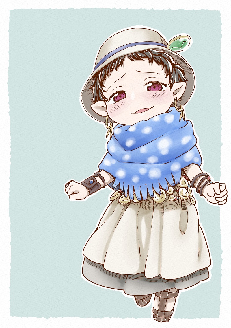 blue_background blue_scarf blush bracelet brown_hair earrings full_body hakumei_to_mikochi hat hat_ornament jada_(hakumei_to_mikochi) jewelry looking_at_viewer pointy_ears poronegi sandals scarf short_hair simple_background skirt smile solo standing white_skirt wristband