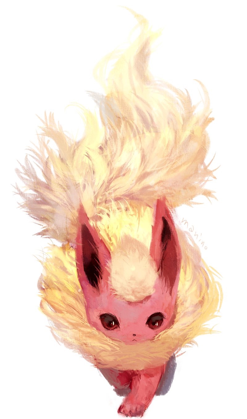 commentary_request flareon gen_1_pokemon highres looking_at_viewer manino_(mofuritaionaka) no_humans pokemon pokemon_(creature) red_eyes simple_background white_background