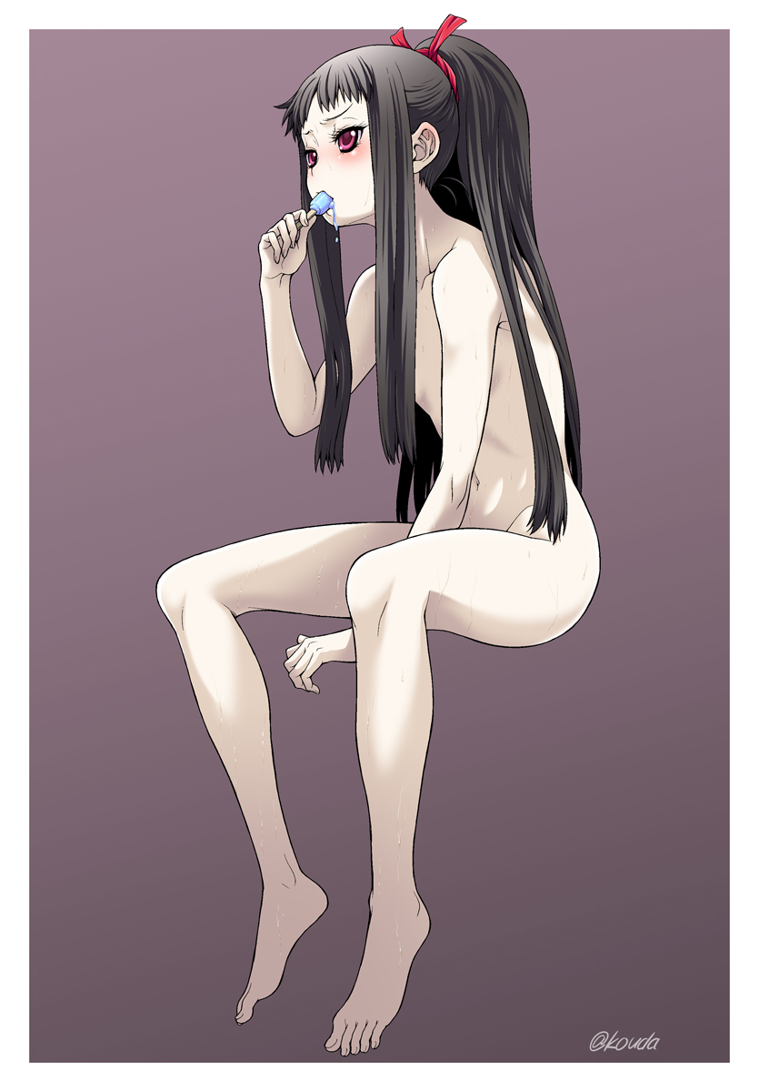 ar_tonelico ar_tonelico_ii barefoot between_legs black_hair blush breasts commentary_request eating food from_side hair_censor hand_between_legs hand_up highres invisible_chair jakuri kouda_tomohiro long_hair nude pale_skin ponytail popsicle red_eyes sitting small_breasts solo