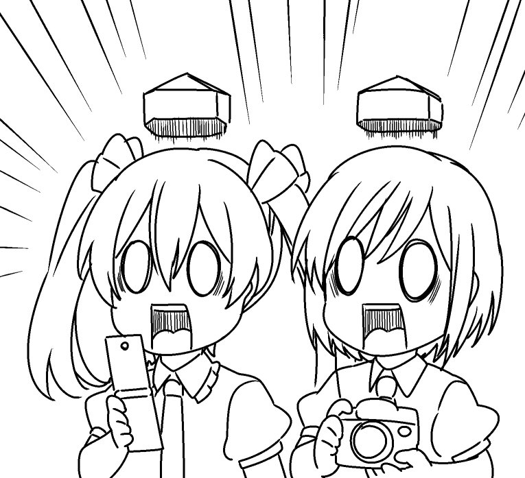 2girls bow breasts camera cellphone double_spoiler emphasis_lines flip_phone greyscale hair_between_eyes hair_bow hat hat_launch himekaidou_hatate jeno monochrome multiple_girls open_mouth phone puffy_short_sleeves puffy_sleeves rectangular_mouth shameimaru_aya shoot_the_bullet short_hair short_sleeves surprised tokin_hat touhou twintails violet_detector wing_collar
