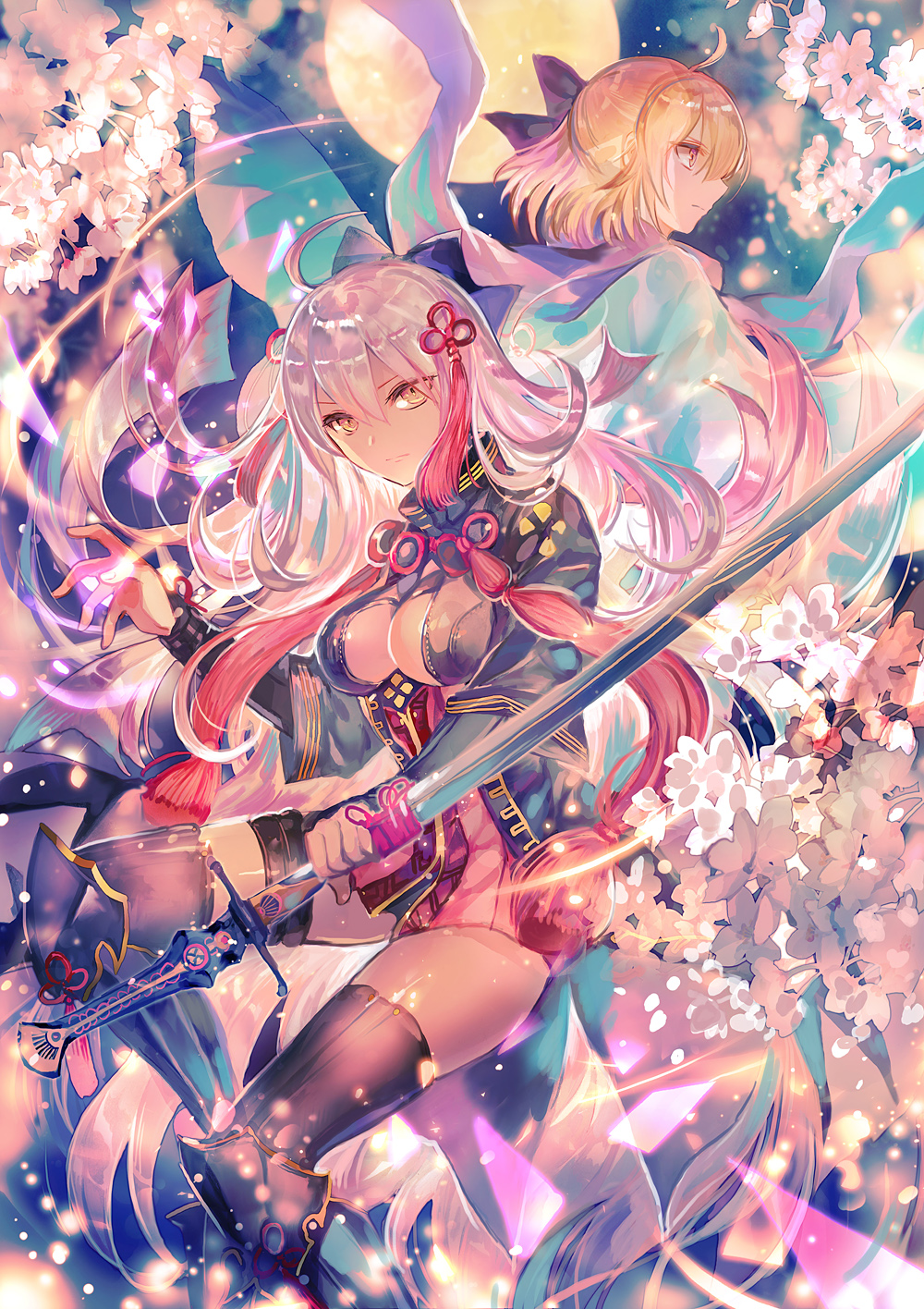 ahoge bangs black_bow black_legwear blonde_hair boots bow breasts cherry_blossoms closed_mouth commentary_request dual_persona fate/grand_order fate_(series) full_moon hair_bow hair_ornament haori highres holding holding_sword holding_weapon japanese_clothes katana large_breasts long_sleeves looking_at_viewer moon multiple_girls okita_souji_(alter)_(fate) okita_souji_(fate) okita_souji_(fate)_(all) orange_eyes pink_hair rioka_(southern_blue_sky) short_hair sword thighhighs weapon