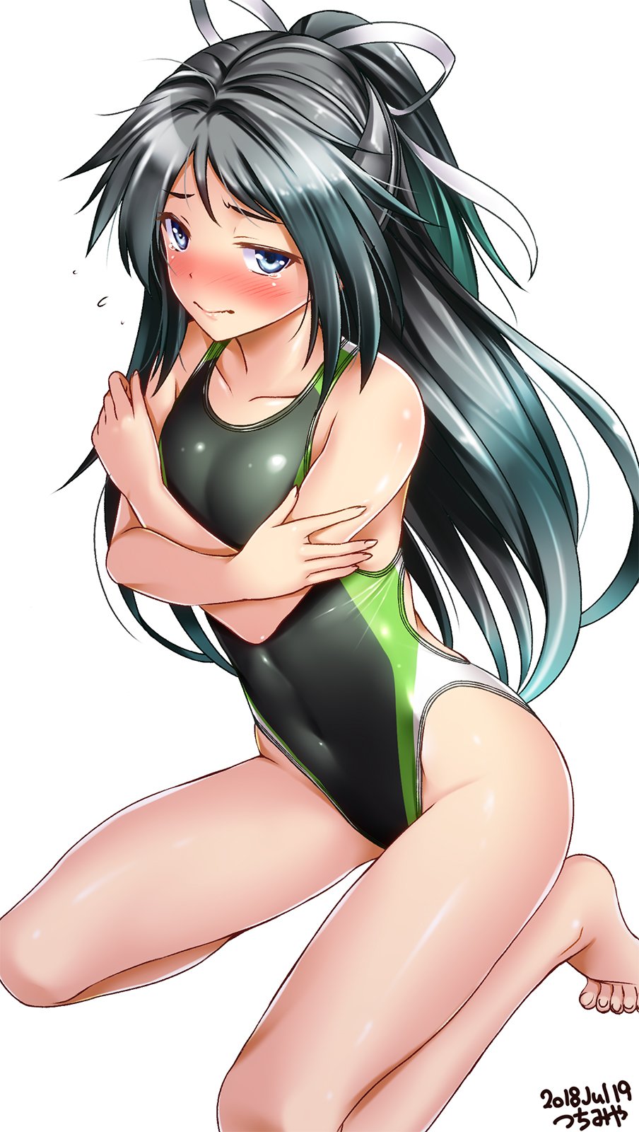 artist_name black_hair blue_eyes blush collarbone commentary competition_swimsuit covering covering_breasts crossed_arms embarrassed eyebrows_visible_through_hair flat_chest green_swimsuit hair_ribbon high_ponytail highres kantai_collection katsuragi_(kantai_collection) long_hair looking_at_viewer one-piece_swimsuit ponytail ribbon simple_background sitting solo swimsuit tears tsuchimiya wariza wavy_mouth white_background